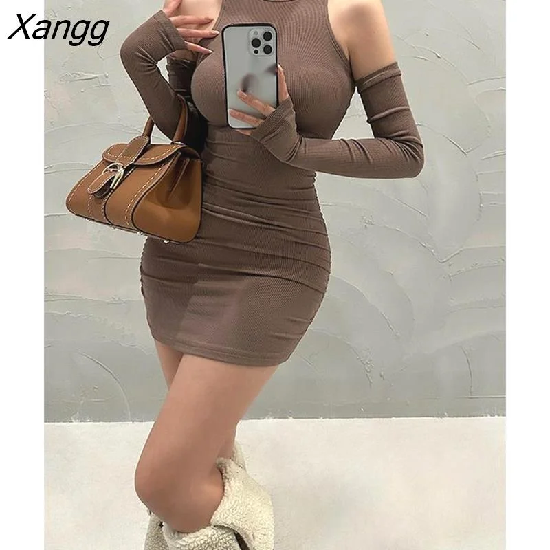 Xangg Sexy High Neck Skinny Slim long Sleeves Pleated mini Dress slim Hip Wrap mini dresses fashion sweet korean HJ2K
