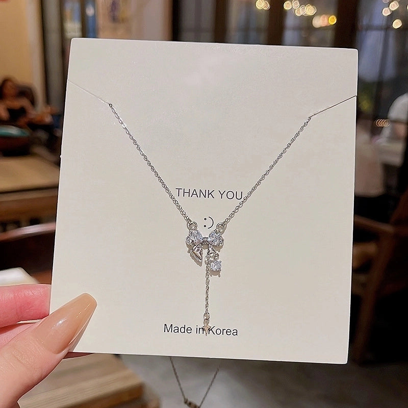 Modern Style Geometric Heart Shape Bow Knot Titanium Steel Copper Plating Inlay Zircon Pendant Necklace