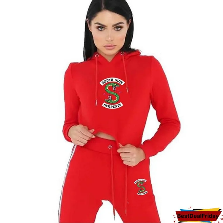 NEW Riverdale Women's Sports Outfit Double-headed Snake Southside Serpents Lace Up Hoodie Crop Top & Pants Two Pieces Set