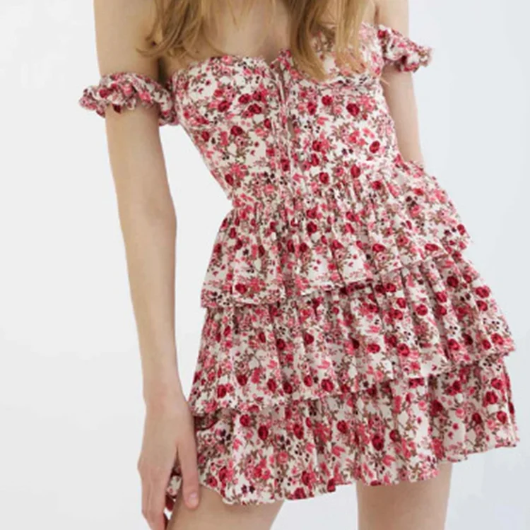 Pink Floral Print Tiered Bustier Mini Dress QueenFunky