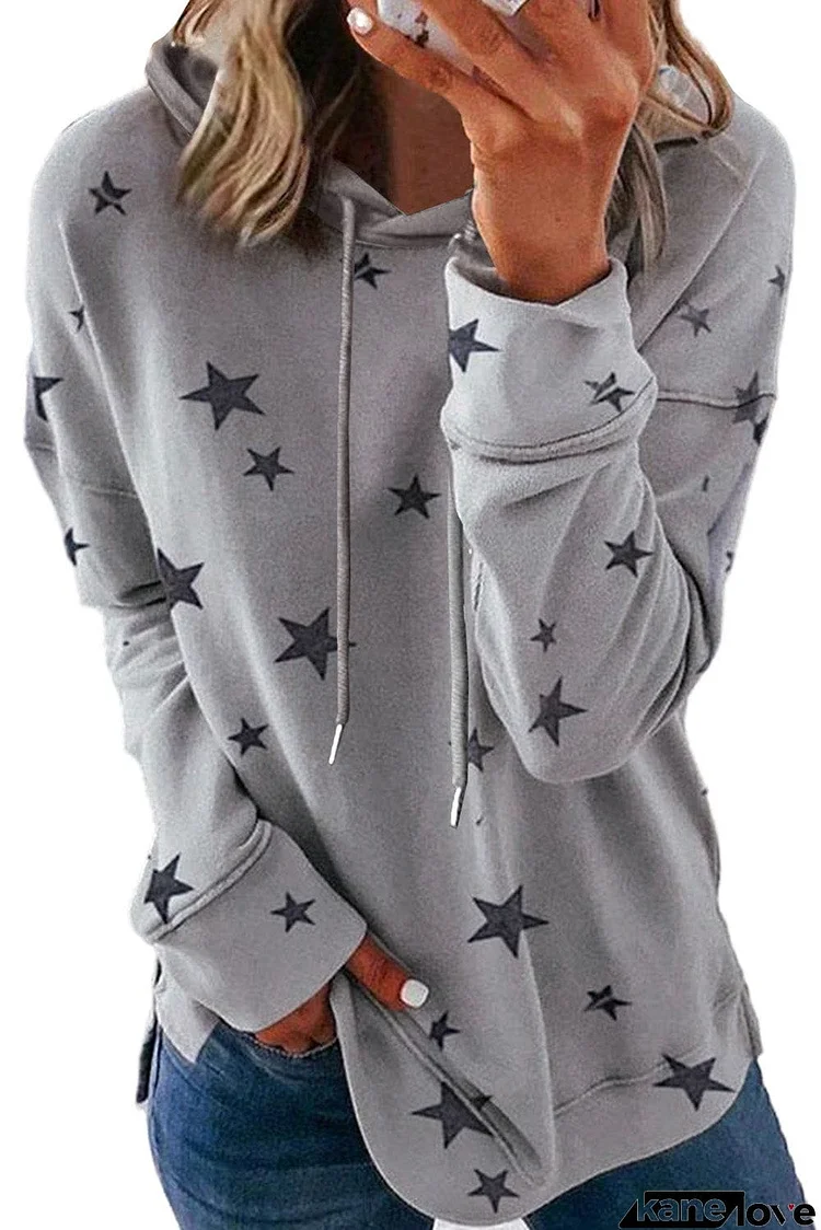 Star Print Hoodie with Side Slits