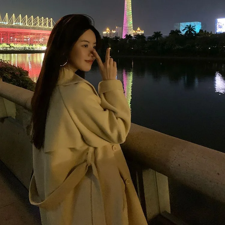 Double-Breasted Tie-Waist Woolen Long Coat YP3103