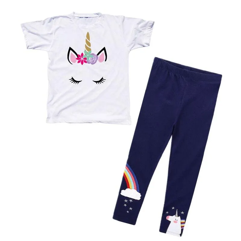 Girls Summer Clothes Set Unicorn Short Sleeve T-shirt+Pants 2PCS Outfits Kids Cartoon Print Cotton Leggings Children Clothing