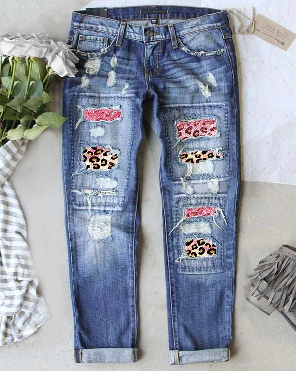 Gradient Contrast Leopard Glitter Jeans