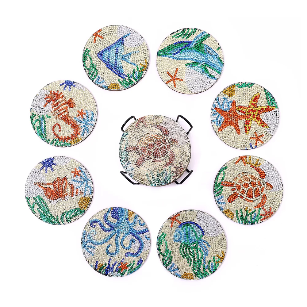 8pcs/set Sea Creatures DIY Diamond Painting Coaster Round Cup Cushion Home Decor