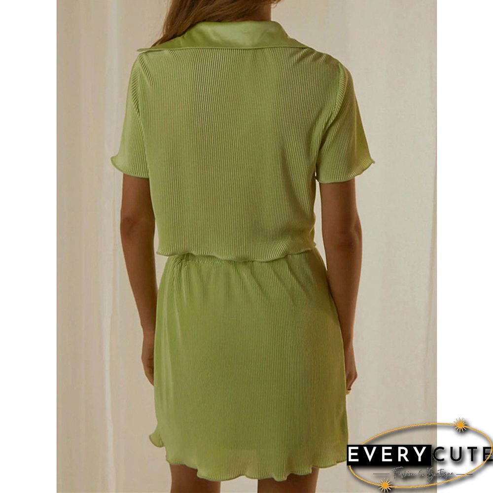 Green Button Crop Top and Split Skirt Set