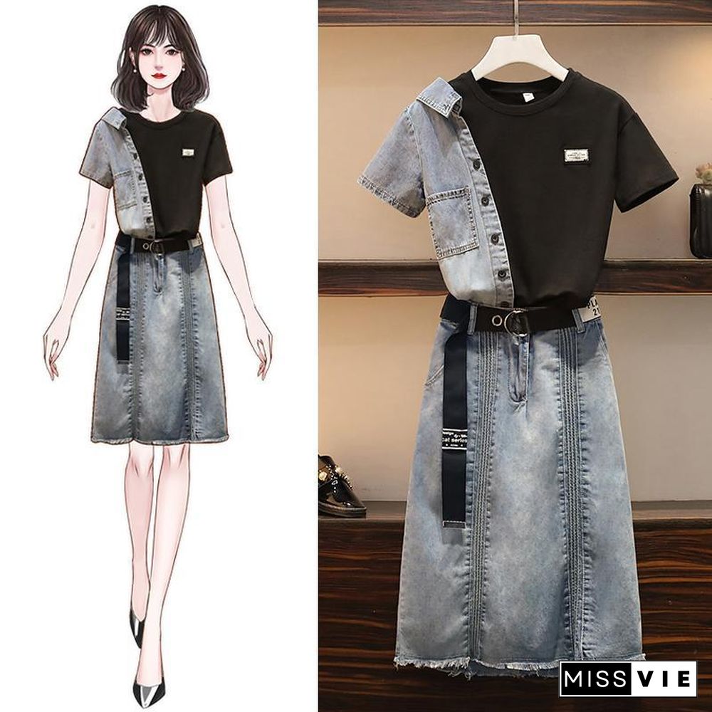 Fashion Colorblock Denim Two-Piece Set P11536