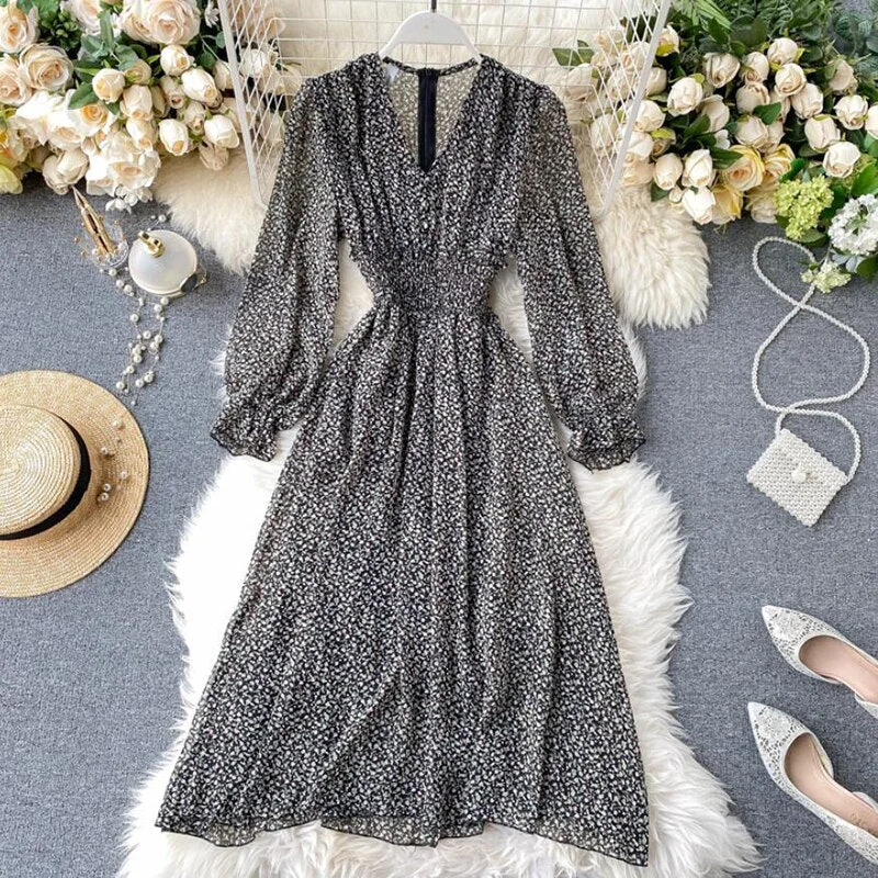 Floral elegant Women Dress Vintage Long sleeve V-neck Print Chiffon Dresses 2020 Spring summer Elastic waist Long Dress Vestidos