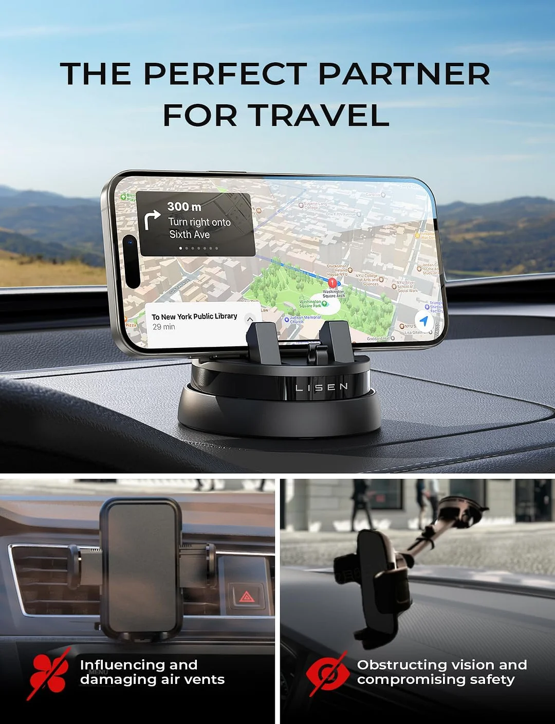 LISEN Car Phone Holder(Updated),360&deg; Rotatable Dashboard Cell Phone Holder,Non-Slip Navigation Car Phone Mount Dash Fit for iPhone 16 Pro Max/15/14/13/12/11,Samsung Series,All Smartphones