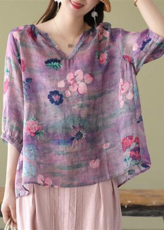 Fashion Purple Casual retro Print Fall Half Sleeve Shirt Top CK1568- Fabulory