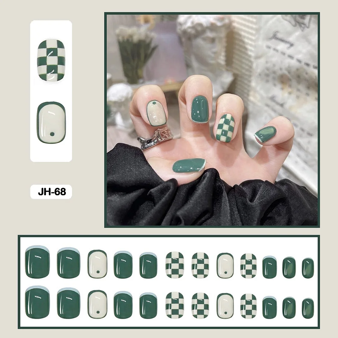 24pcs/box Classic Checkerboard Pattern Geometric Simplicity Nail Art Short False Nails With Glue Fake Nails With Wearing Tools-Nail Inspo