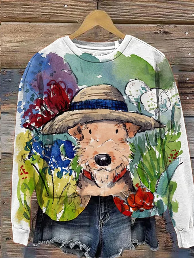 Women's Watercolor Floral Dog Print Crew Neck Sweatshirt