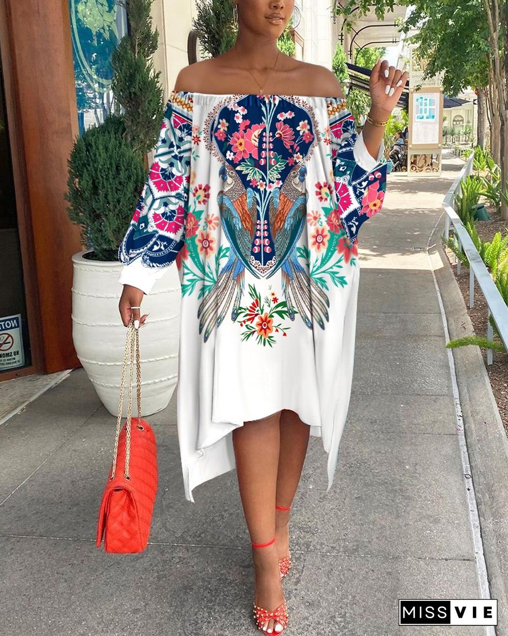 Floral Print Off Shoulder High Low Loose Dress