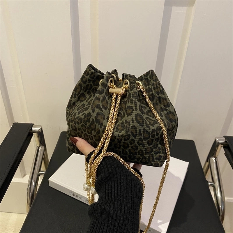 Women’s Cloth Leopard Basic Vintage Style Bucket String Shoulder Bag Crossbody Bag