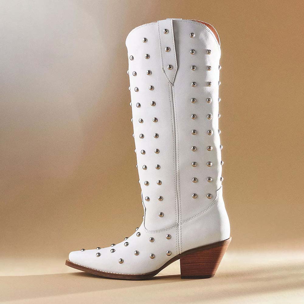 White Studded Snip Toe Chunky Heel Knee-High Cowgirl Boots for Women Nicepairs