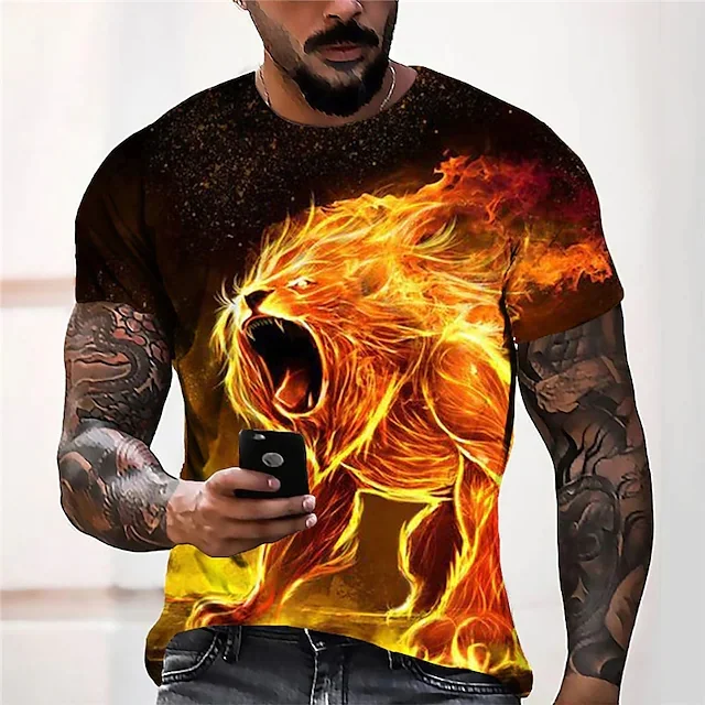 Men's Unisex T shirt 3D Print Graphic Prints Flame Animal Crew Neck Street Daily Print Short Sleeve Tops Casual Designer Big and Tall Sports Orange