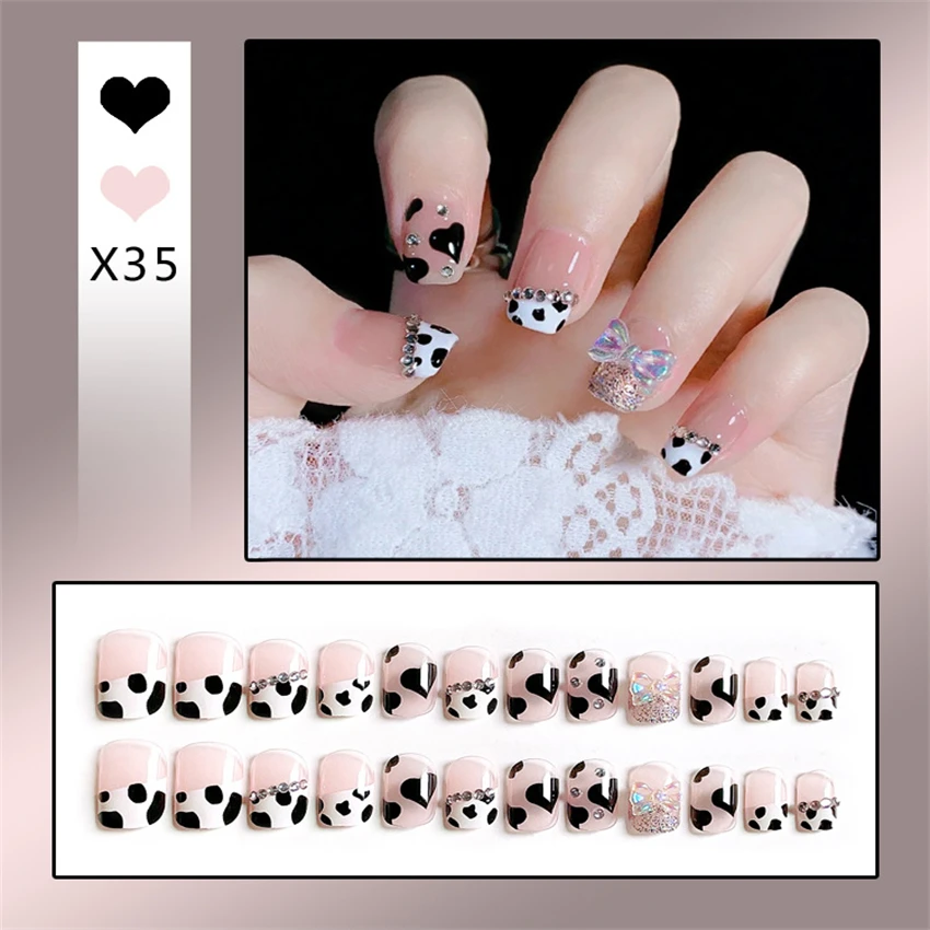 Bayuyun 24Pcs/Set Coffee Leopard French Fake Nails with Diamonds Japan Korean Artificial Acrylic Press on Nails Removable Stick on Nails