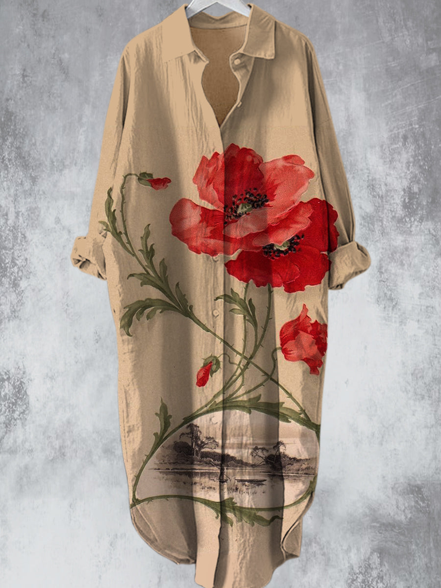 Elegant Vintage Flowers Printed V-Neck Lapel Button Loose Midi Shirt Dress
