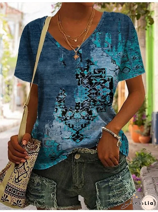 T shirt Tee Yellow Blue Purple Graphic Print Short Sleeve Daily Weekend Basic V Neck Regular Painting S for Women