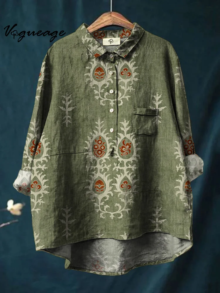Elegant And Simple Plants Printed Cotton And Linen Shirt