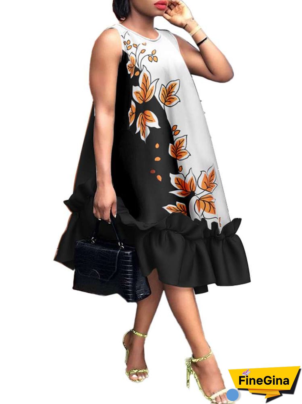 Women Elegant Midi Dress Summer Party Long Dresses VONDA Sexy Sleeveless Fashion Beach Floral Print Ruffled Tank Vestidos