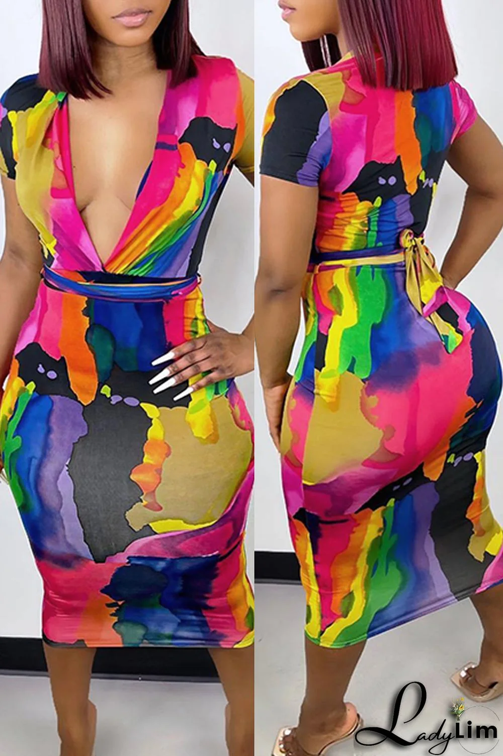 Multicolor Fashion Casual Print Tie Dye With Belt V Neck Short Sleeve Dress