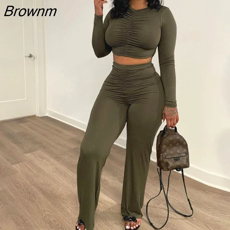 Brownm Piece Casual Suits Long Sleeve Solid Crop Top & Slim Pants Set