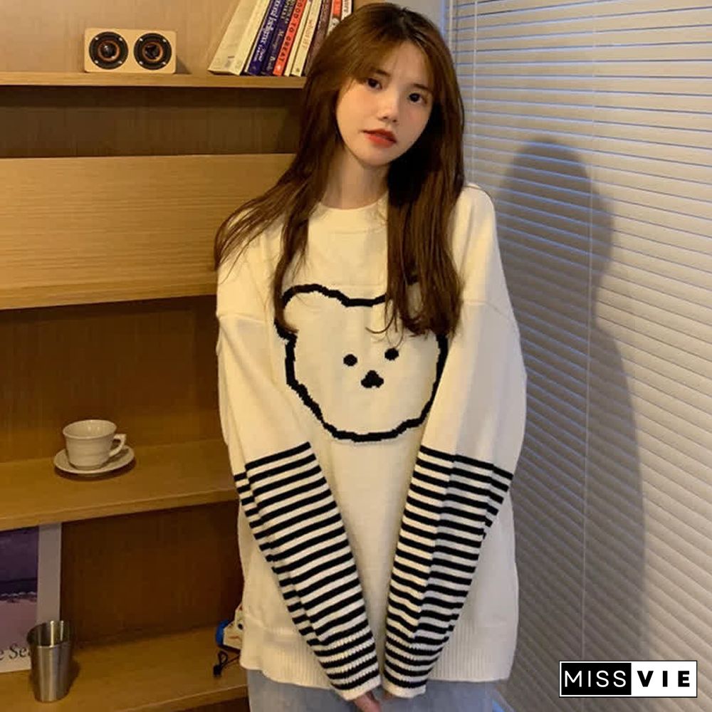 Cartoon Bear Pattern Stripe Sleeve Knit Sweater