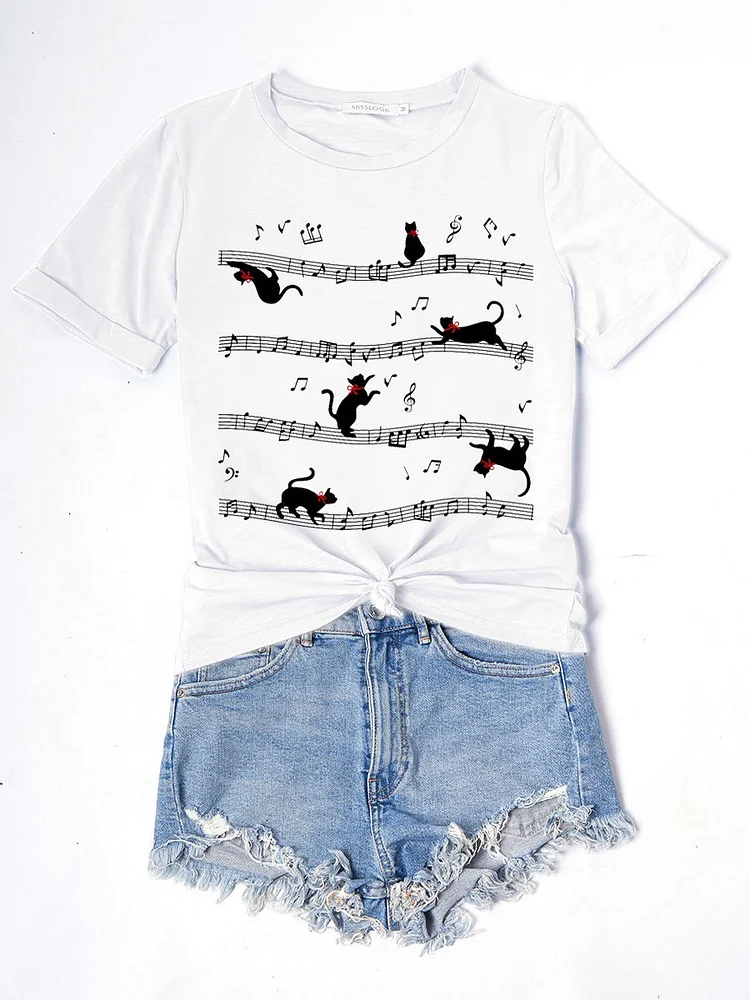 Bestdealfriday Music Cat Graphic Short Sleeve T-Shirt