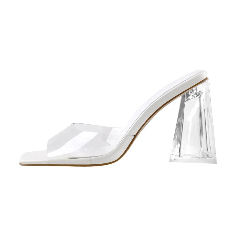 Onlymaker Women Square Toe PVC Slip on Clear High Heels Transparent Summer Concise Casual Party Dress Sandal