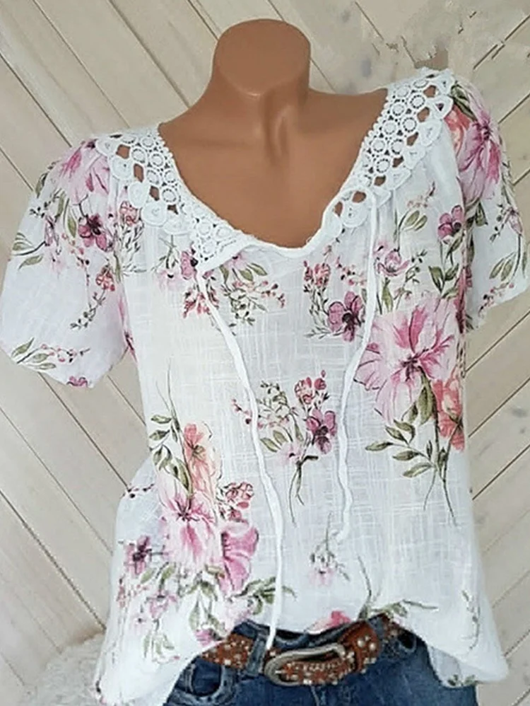 Casual Lace Trim Floral Pattern Short Sleeve Blouse
