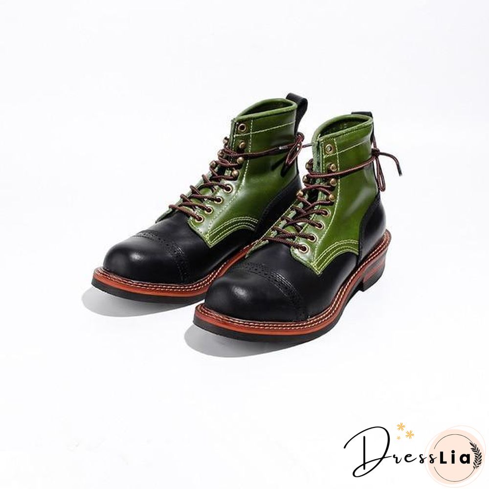 Genuine Genuine Leather Lace-Up Vintage High Quality Tooling White Ankle Boots Motorcycle Boots