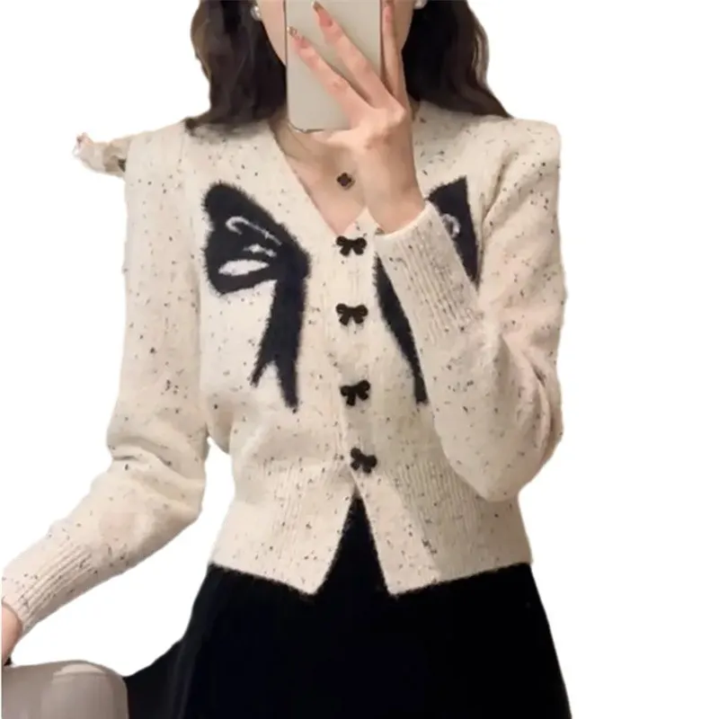 Churchf Churchf Design Sense Embroidered Bow Sweater 2024 Autumn / Winter Sweet Printed Cardigan Show Thin Jacket