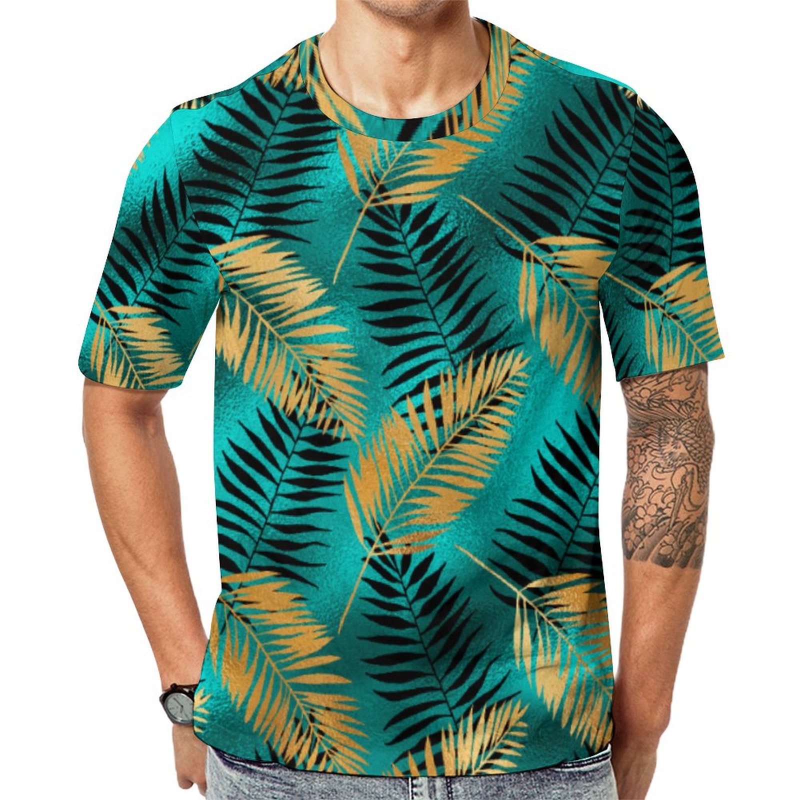 Glam Faux Foil Tropical Foliage Teal Gold Black Short Sleeve Print Unisex Tshirt Summer Casual Tees for Men and Women Coolcoshirts