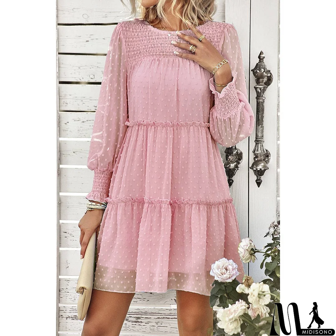 MidiSono - Dot Solid Ruched Color Block Ruffle Lined Midi Dress