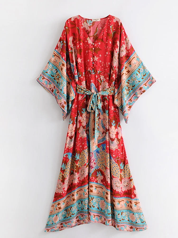 Fitshinling Vintage Elegant Chic Beach Long Dress With Sashes Big Sleeve Print Floral Button-Up Slim Vestidos BOHO Maxi Dresses