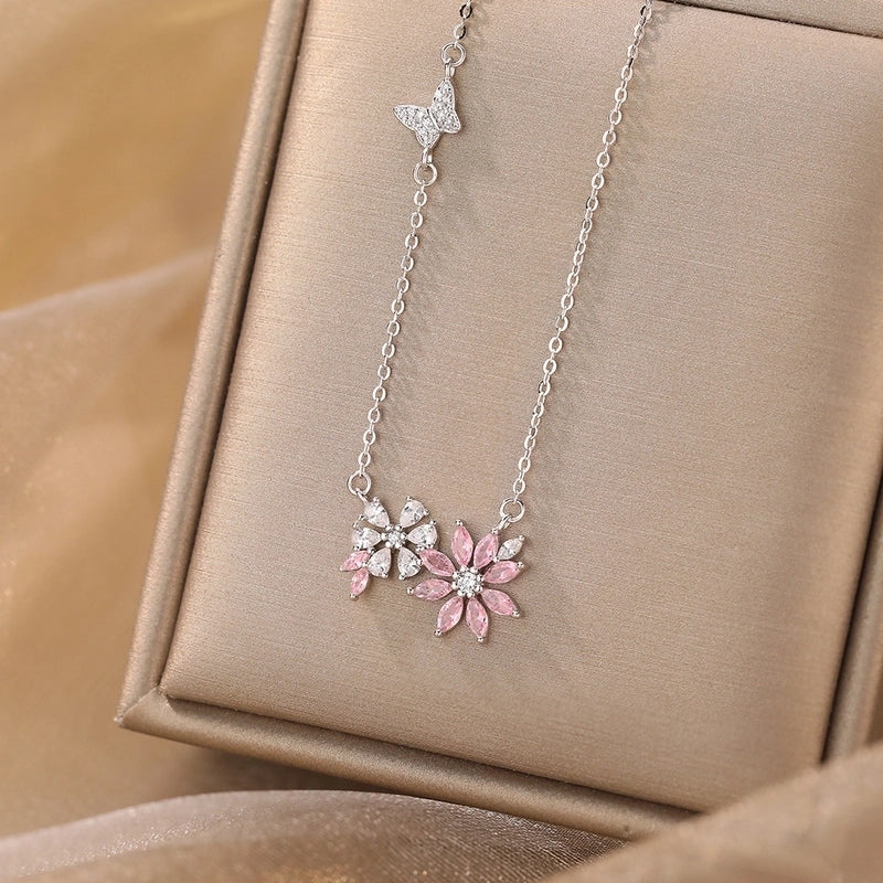 925 Sterling Silver Zircon Cable Chain Plating Flower Pendant Necklace