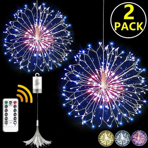 1/2PCS Fairy String Lights, 100/200 LED Dandelion Firework Lights, Battery Operated Hanging Starburst Light, 8 Modes Dimmable with Remote Control Waterproof Copper Wire Lights for Home Outdoor Christmas Lights