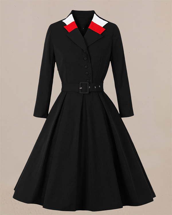 Lapel Contrast Color Slim Long-sleeved Dress