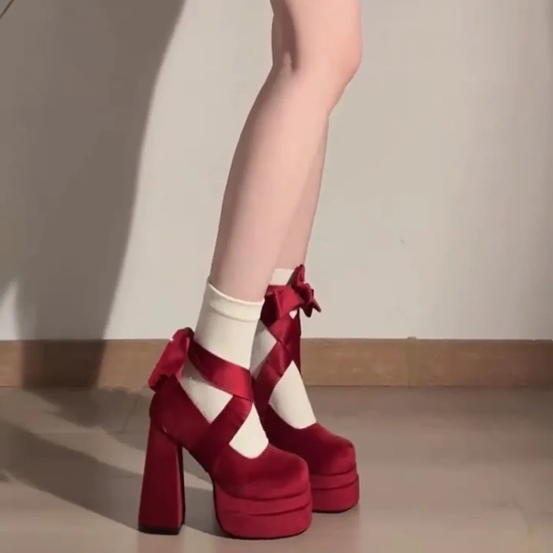 Churchf Churchf Thick-Soled New Chinese Single-Shoe Women Waterproof Table Small Velvet High Heels Cross With Round Head Mary Treasure Shoes