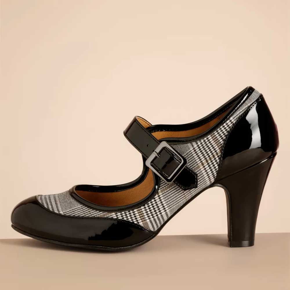 Black & Grey Patent Leather Round Toe Chunky Heel Mary Jane Pumps Nicepairs