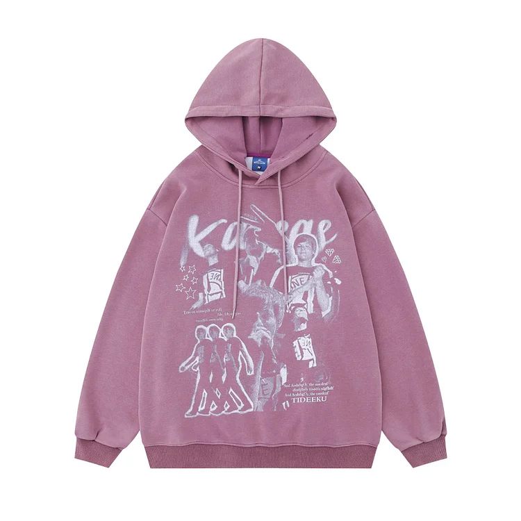 Street Washed Distressed Loose Character Print Hoodie at Hiphopee