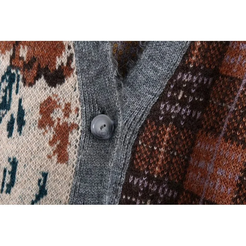 Vintage Chic Floral Plaid Patchwork Cardigans Women Fashion Pockets Buttons V-Neck Sweaters Female Casual Jumpers