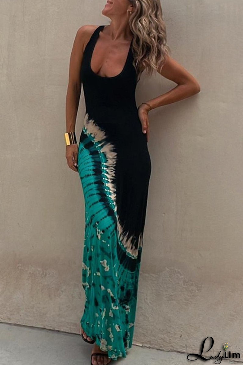 Sexy Vacation Print Backless U Neck Printed Dress Dresses