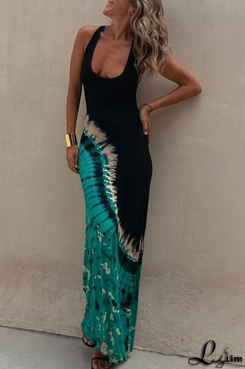 Sexy Vacation Print Backless U Neck Printed Dress Dresses