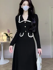 Cardcake gold prom dresses 2025 New Autumn Chic Knitted Dresses for Women Solid Slim Elegant High Waist A Line Korean Sweater Dress Winter Female Knitwear