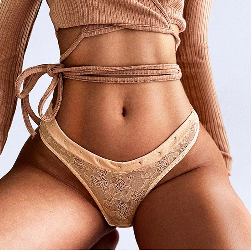 Meet'r Women Drill Thong Sexy Lace Lingerie Low-Waist Panties Transparent Briefs Hollow Out Temptation Underwear Female G String