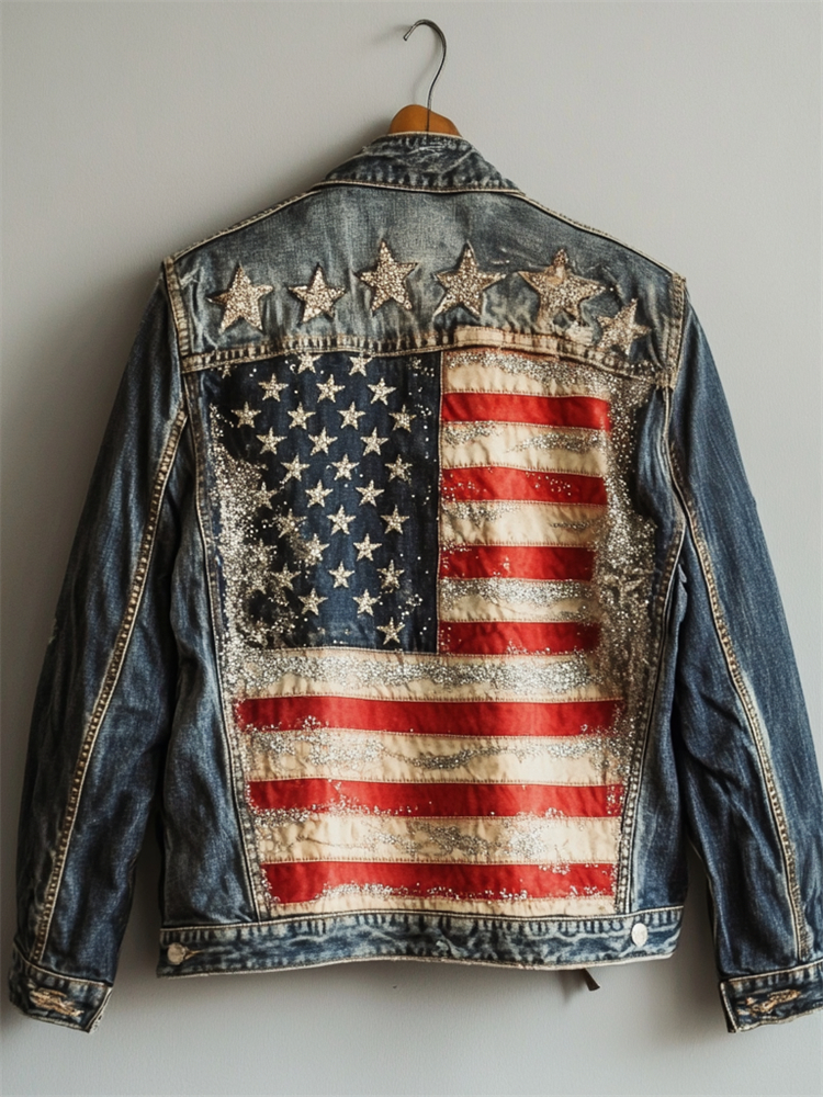 Comstylish Vintage American Flag Glitter Stars Washed Denim Jacket