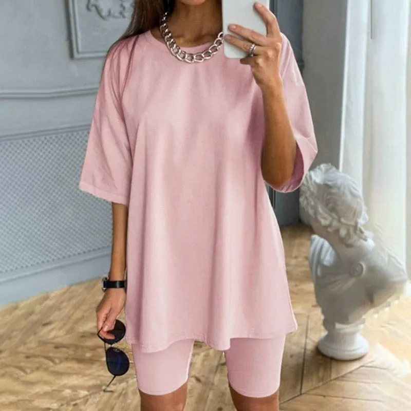 Casual solid new women's two piece suit including belt solid color home loose sports fashion leisure suit summer couples wear