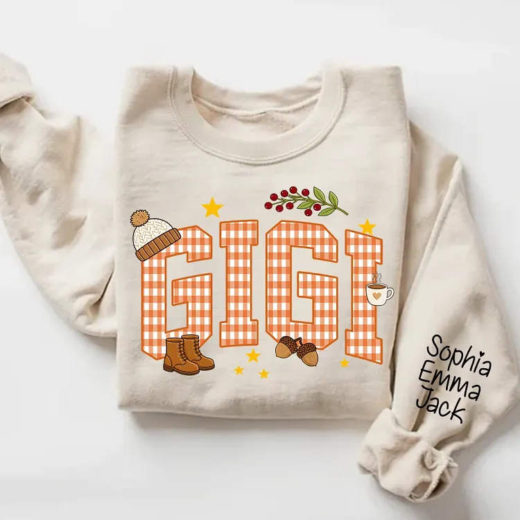 Personalized Gigi Sweatshirt with Grandkids Names, Fall Plaid Pumpkin Gigi Custom Grandma Gift